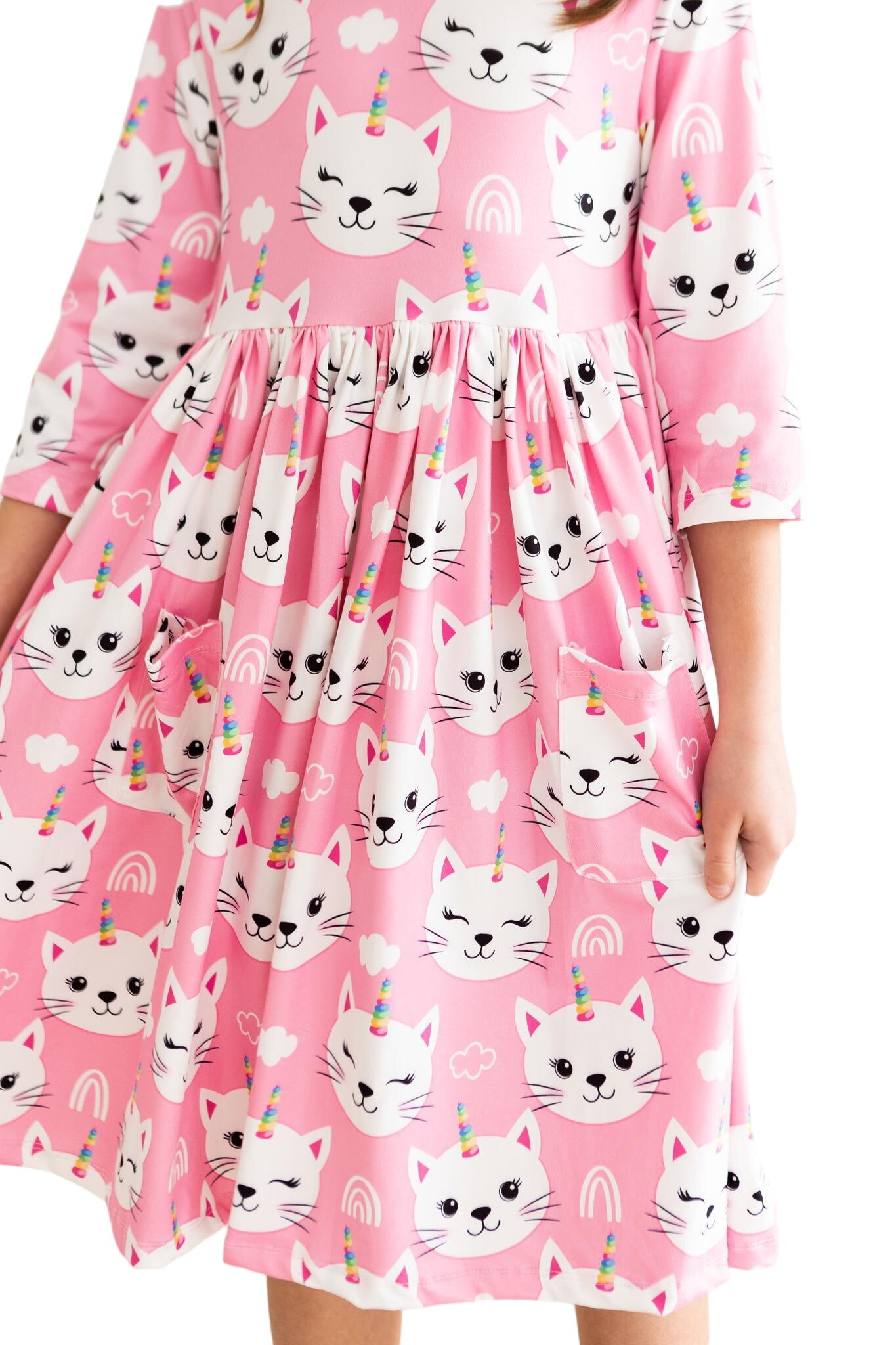 Unicorn Kitties 3/4 Sleeve Pocket Twirl Dress