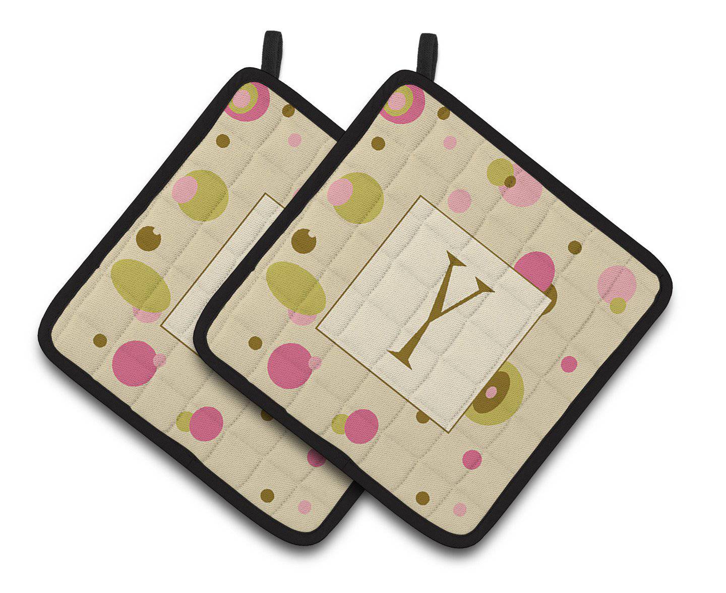 Letter Y Initial Monogram – Tan Dots Pair of Pot Holders CJ1004-YPTHD