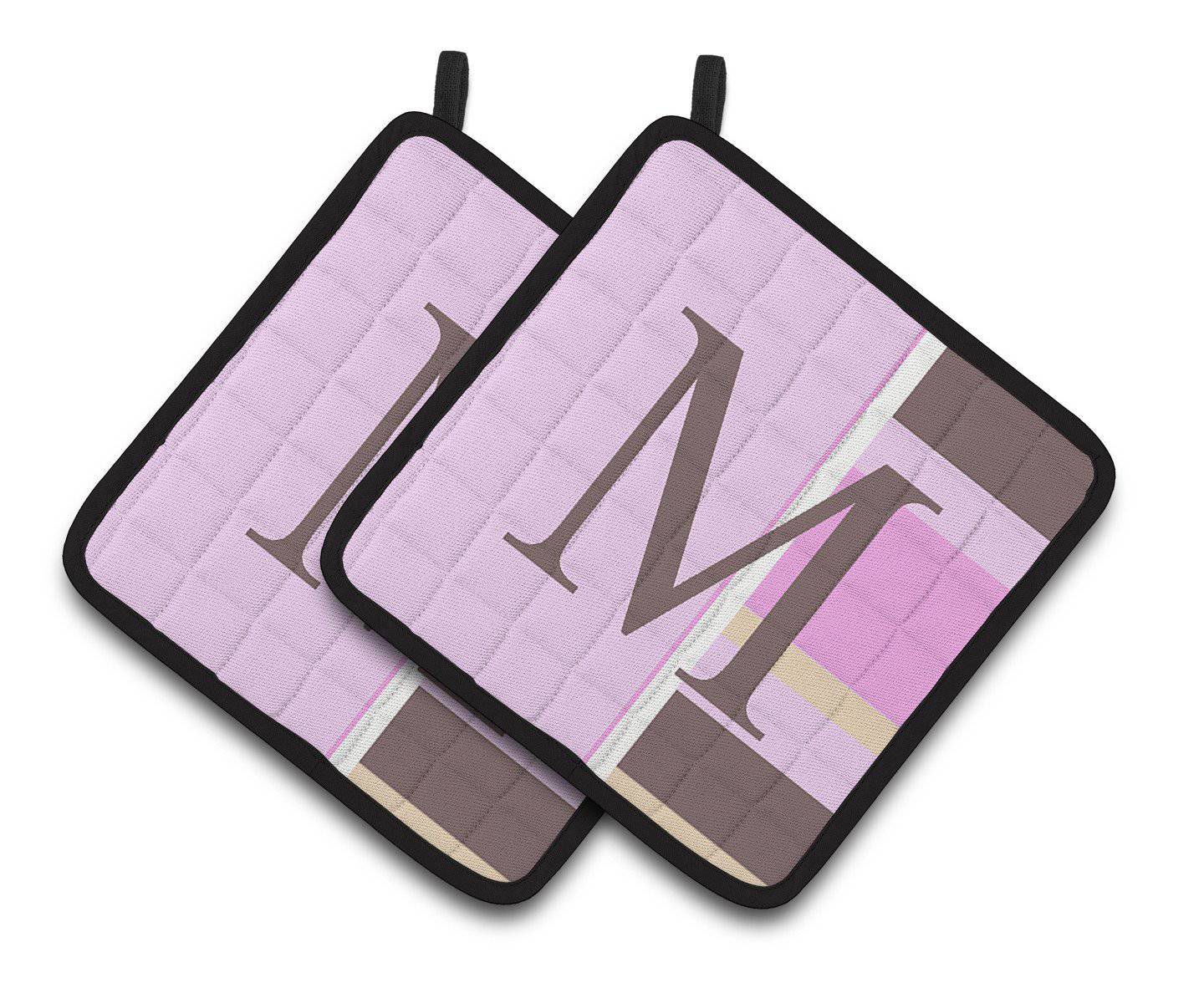 Letter M Initial Monogram – Pink Stripes Pair of Pot Holders CJ1005-MPTHD