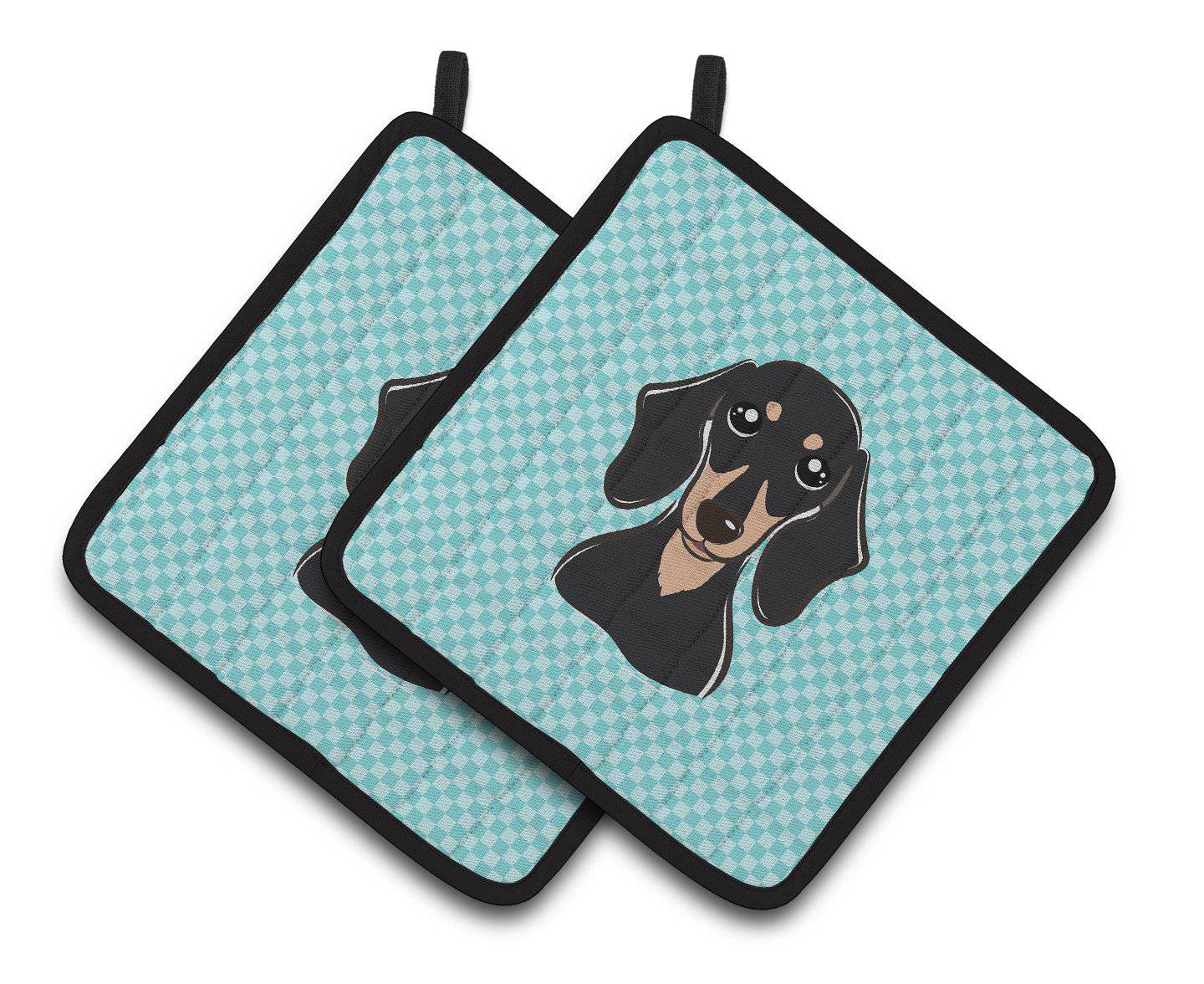 Checkerboard Blue Smooth Black and Tan Dachshund Pair of Pot Holders BB1153PTHD