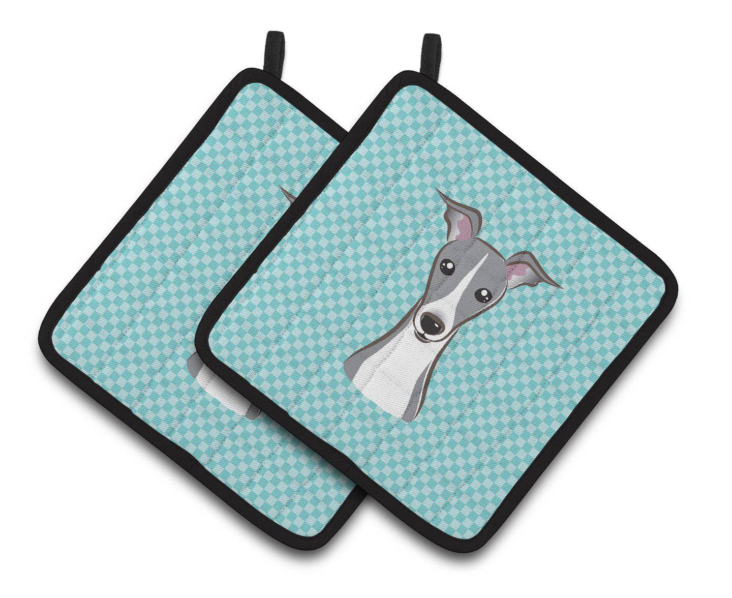 Checkerboard Blue Italian Greyhound Pair of Pot Holders BB1174PTHD