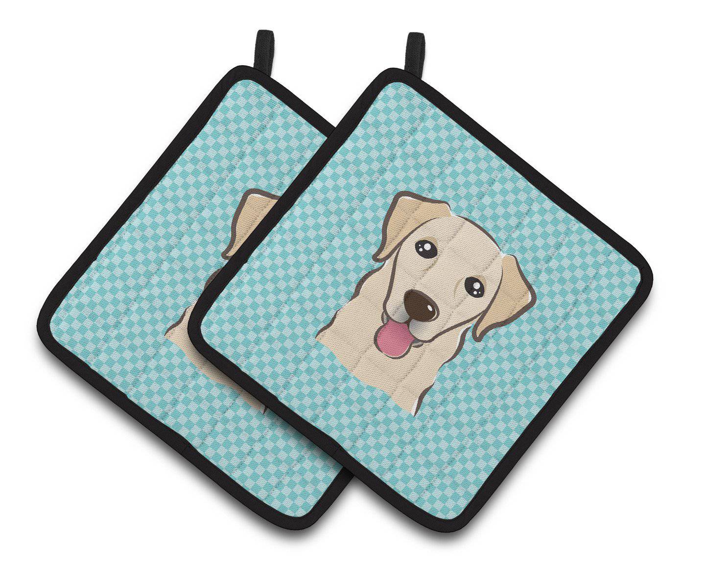 Checkerboard Blue Golden Retriever Pair of Pot Holders BB1190PTHD