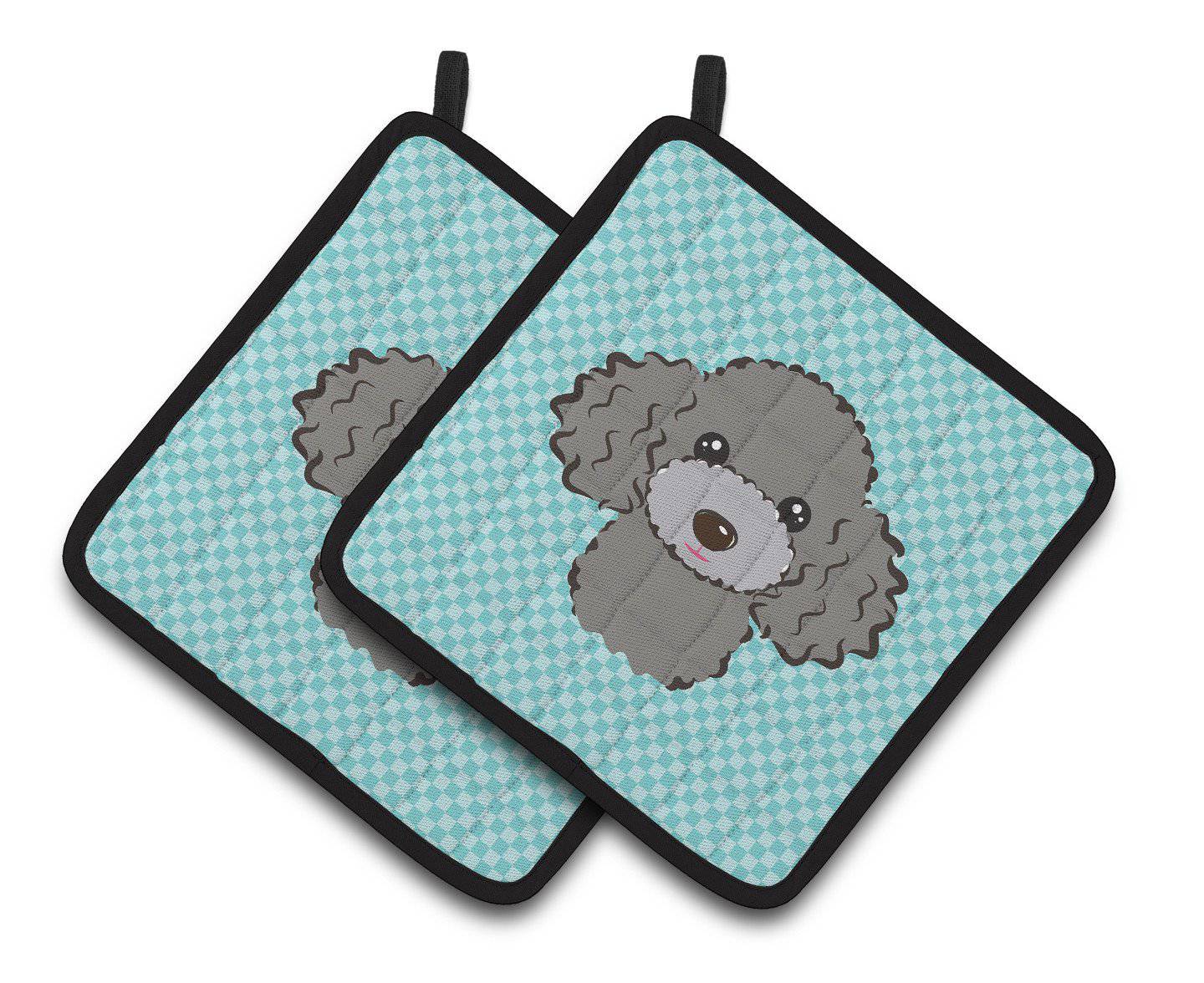 Checkerboard Blue Silver Gray Poodle Pair of Pot Holders BB1197PTHD