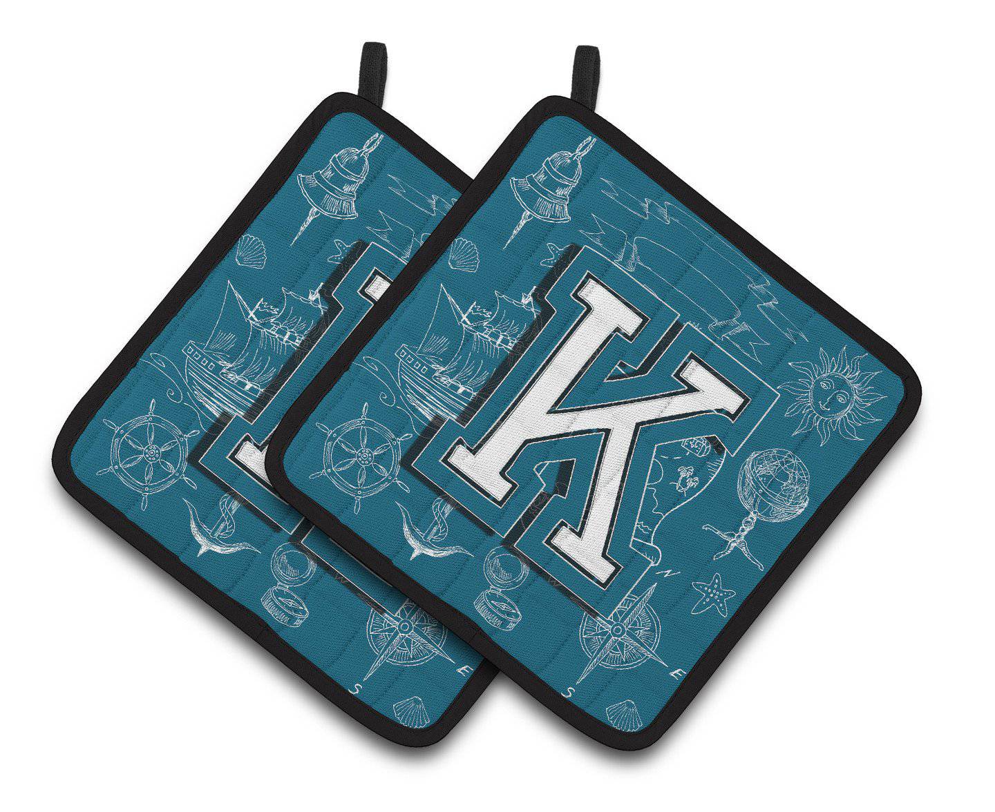 Letter K Sea Doodles Initial Alphabet Pair of Pot Holders CJ2014-KPTHD