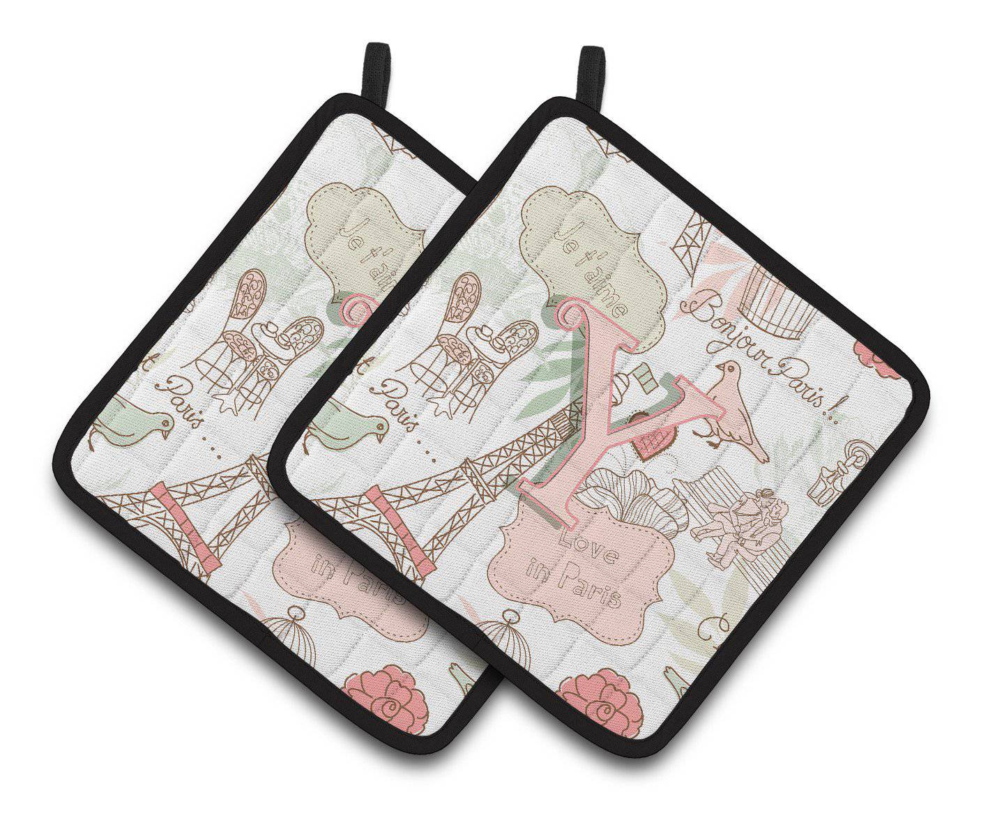 Letter Y Love in Paris Pink Pair of Pot Holders CJ2002-YPTHD