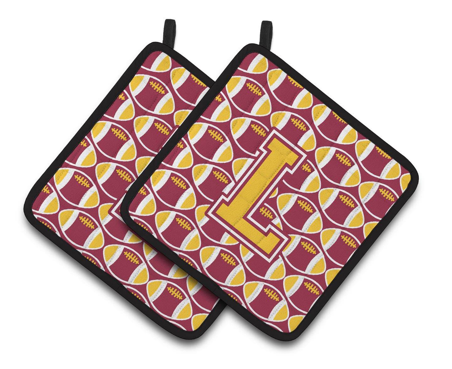 Letter L Football Maroon and Gold Pair of Pot Holders CJ1081-LPTHD