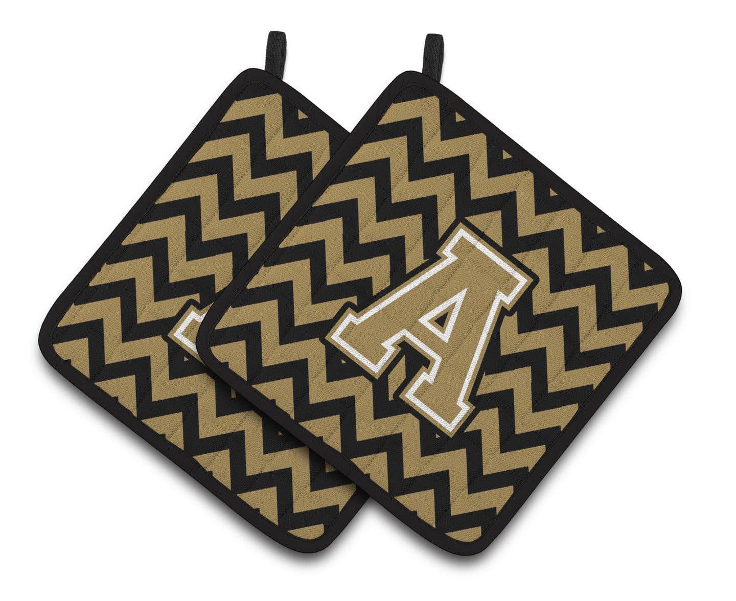 Letter A Chevron Black and Gold  Pair of Pot Holders CJ1050-APTHD