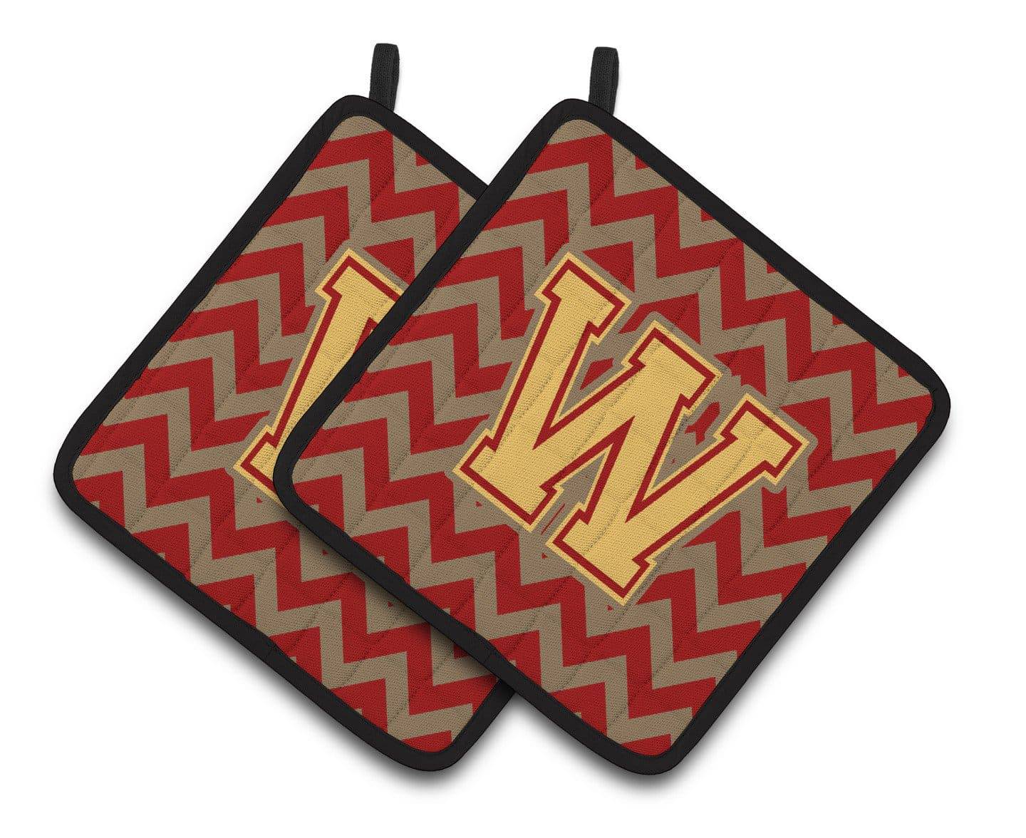 Letter W Chevron Garnet and Gold  Pair of Pot Holders CJ1048-WPTHD