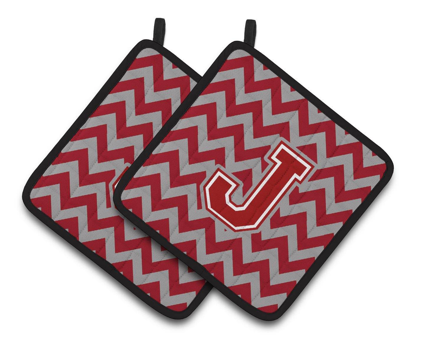 Letter J Chevron Maroon and White Pair of Pot Holders CJ1049-JPTHD