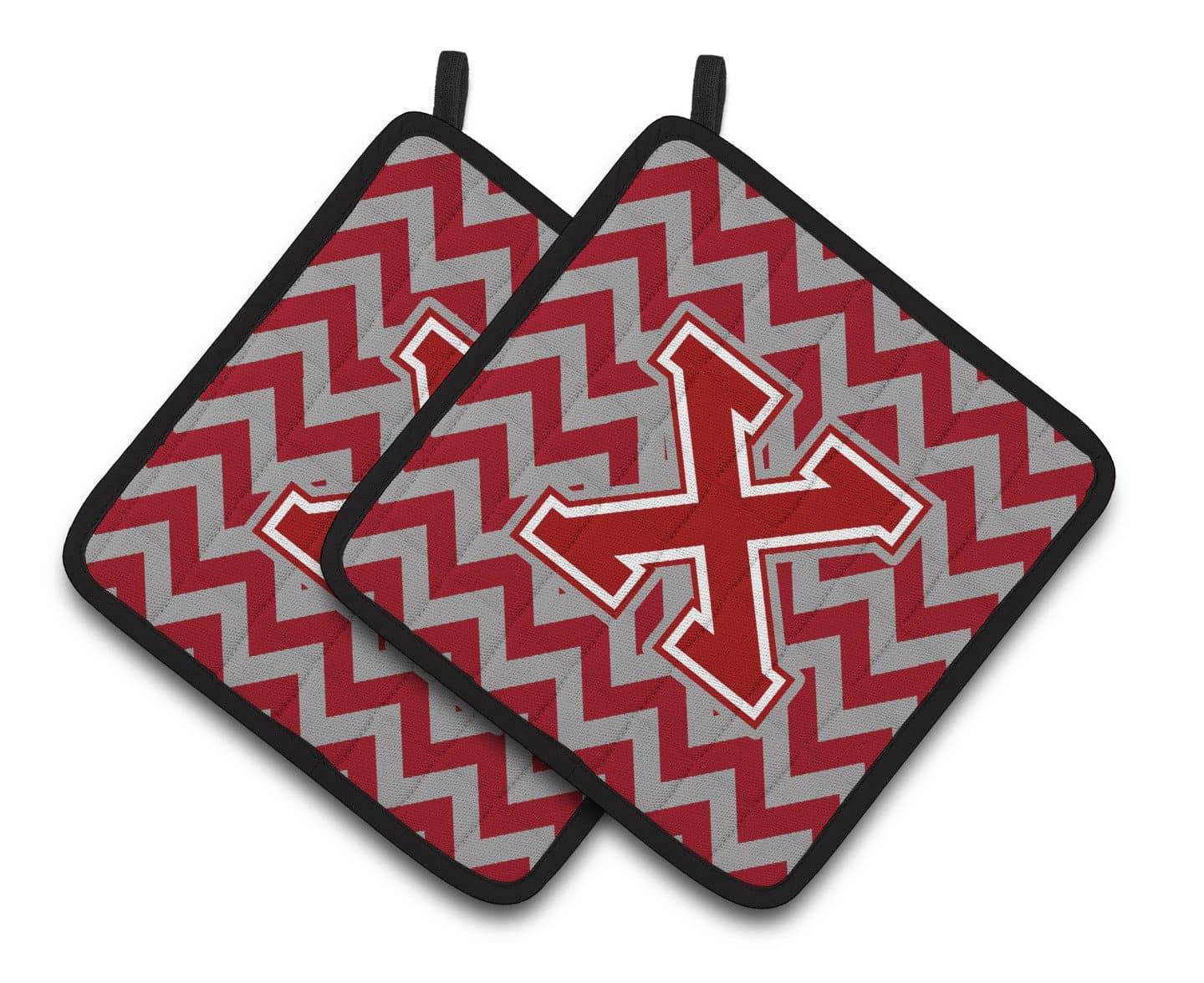 Letter X Chevron Maroon and White Pair of Pot Holders CJ1049-XPTHD