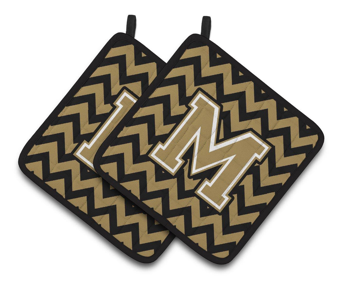 Letter M Chevron Black and Gold  Pair of Pot Holders CJ1050-MPTHD