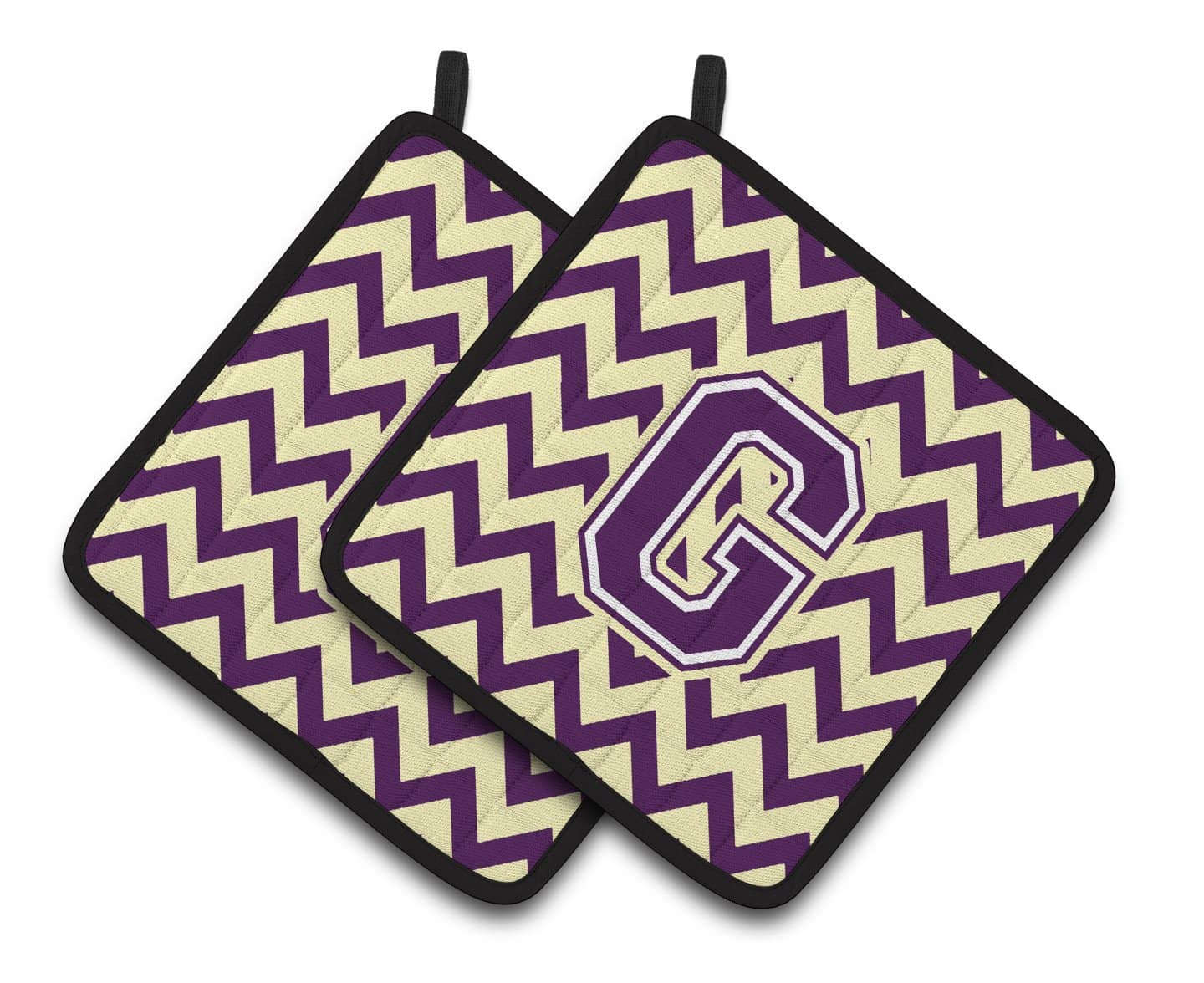 Letter G Chevron Purple and Gold Pair of Pot Holders CJ1058-GPTHD