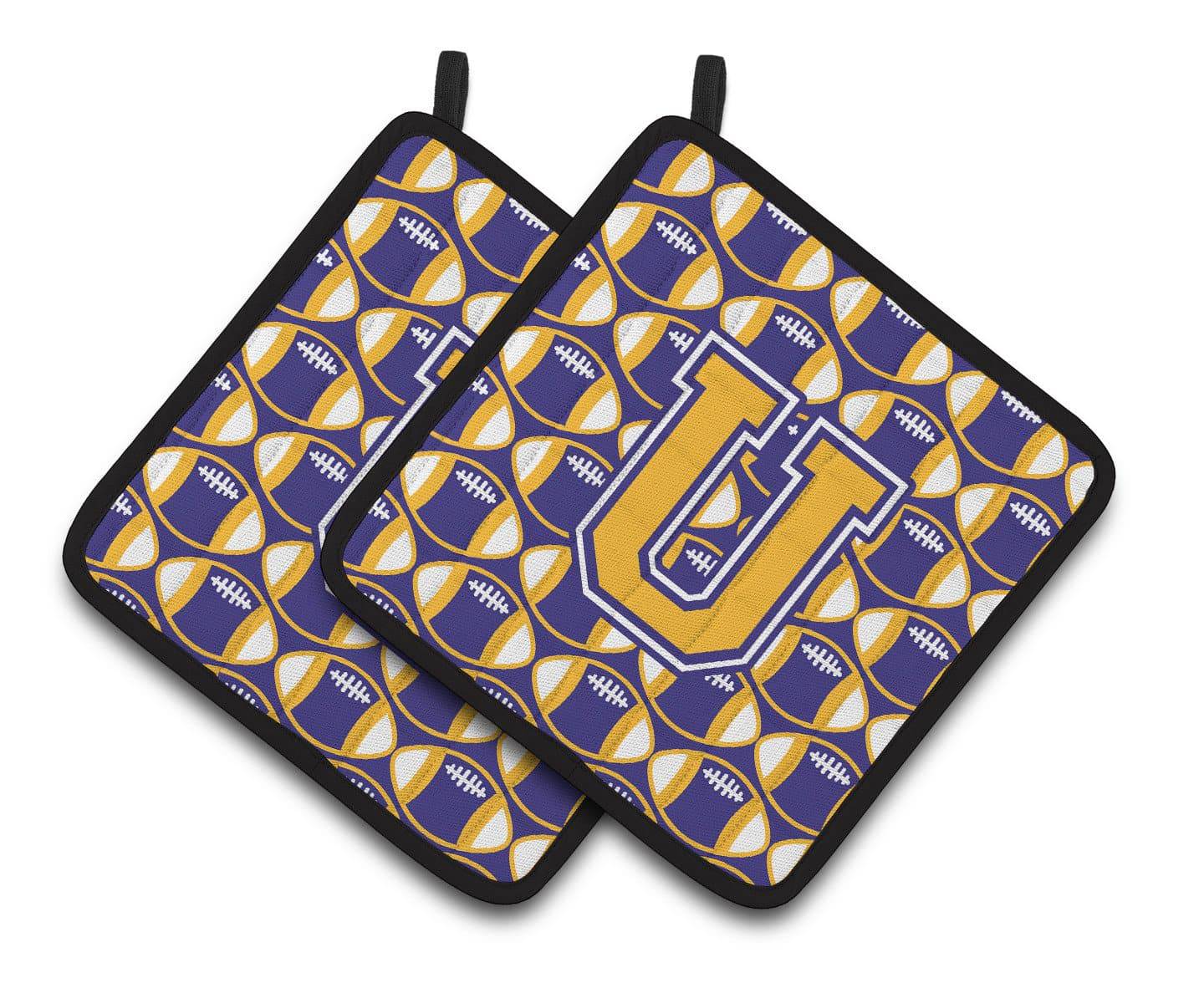 Letter U Football Purple and Gold Pair of Pot Holders CJ1064-UPTHD