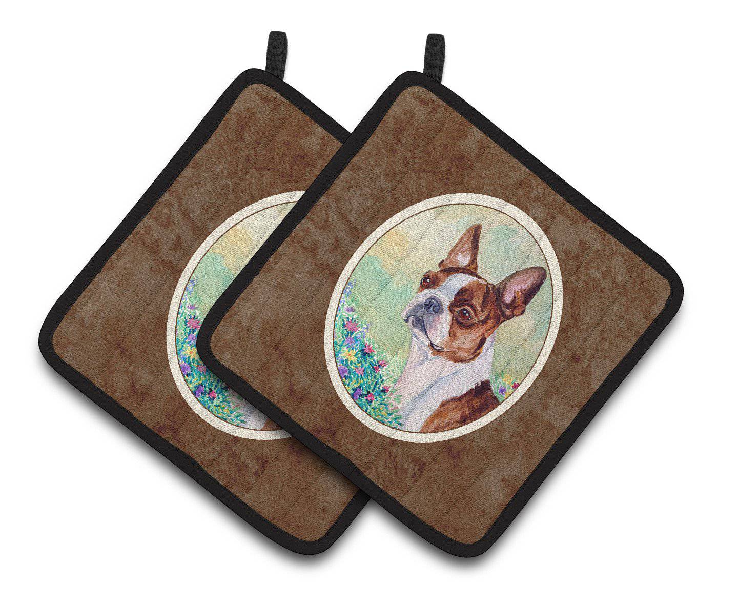 Red and White Boston Terrier Pair of Pot Holders 7222PTHD