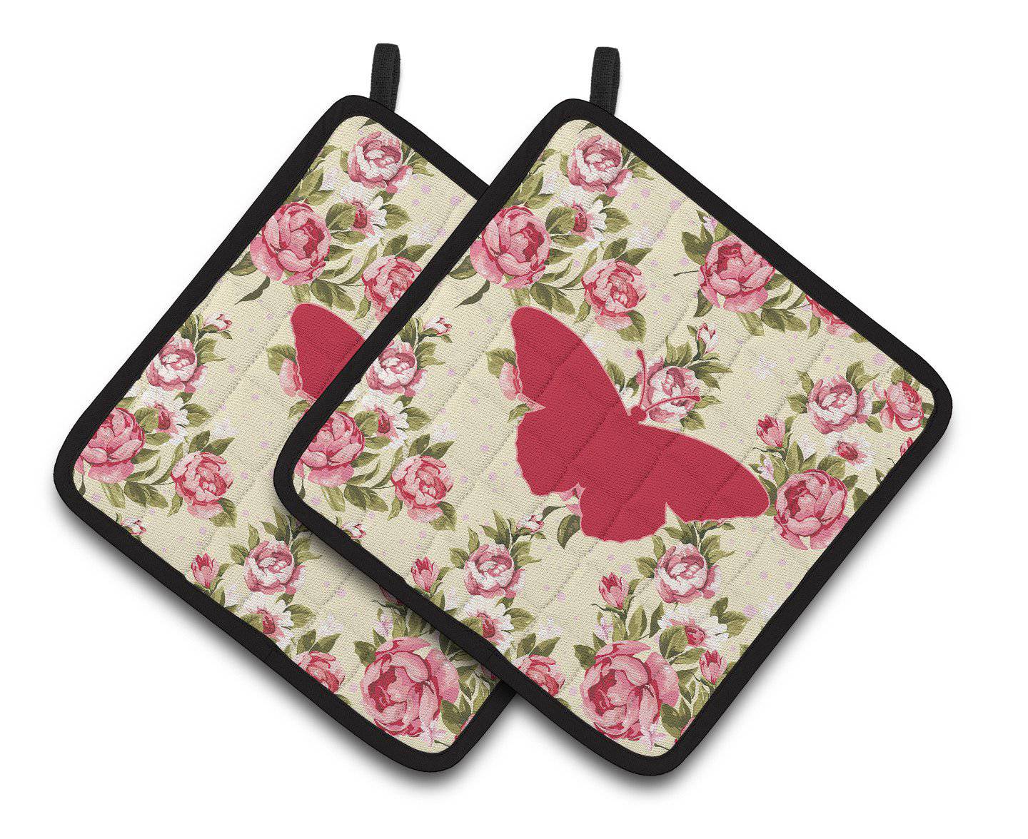 Butterfly Shabby Chic Yellow Roses  Pair of Pot Holders BB1050-RS-YW-PTHD