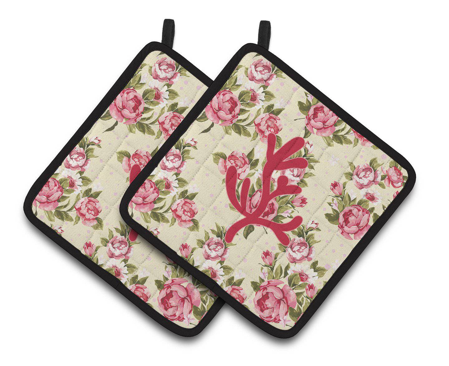 Coral Shabby Chic Yellow Roses  Pair of Pot Holders BB1103-RS-YW-PTHD