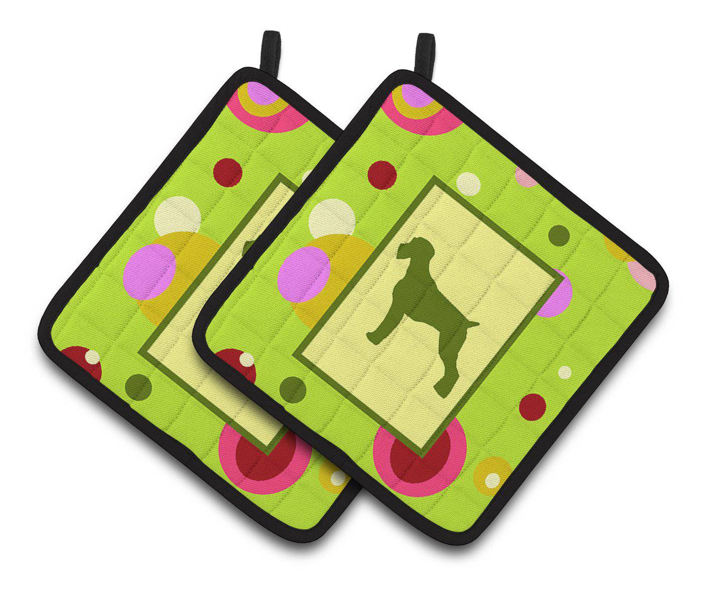 Lime Green Dots German Wirehaired Pointer Pair of Pot Holders CK1036PTHD