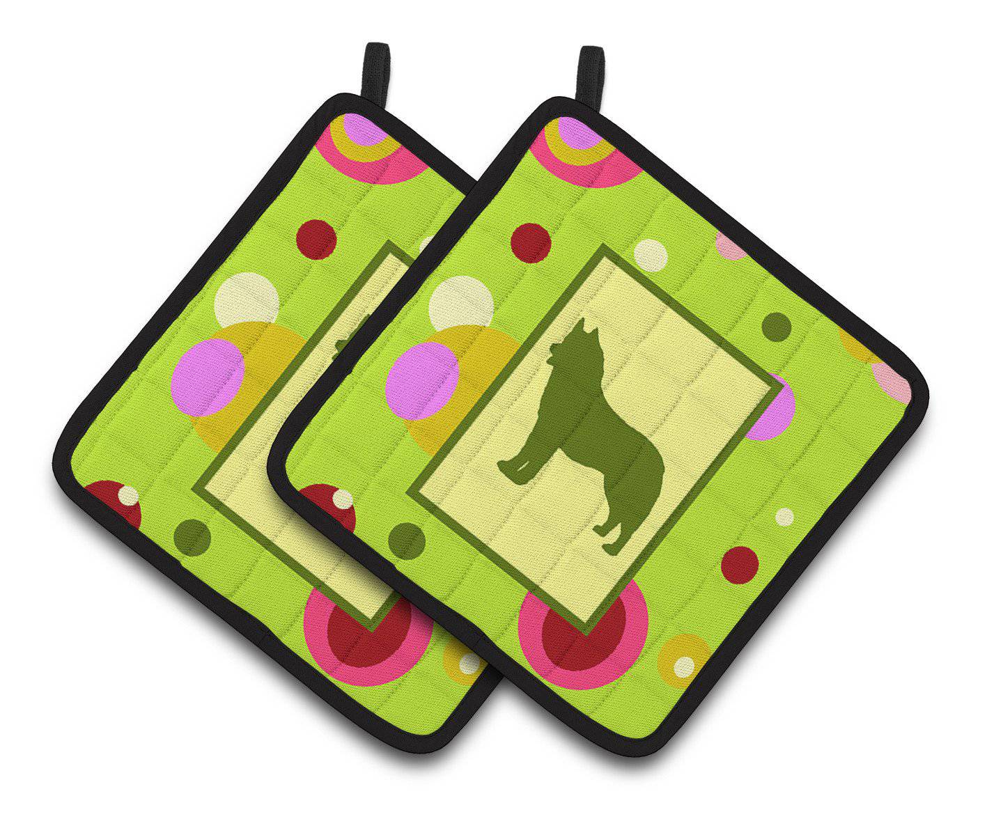 Lime Green Dots Siberian Husky Pair of Pot Holders CK1094PTHD