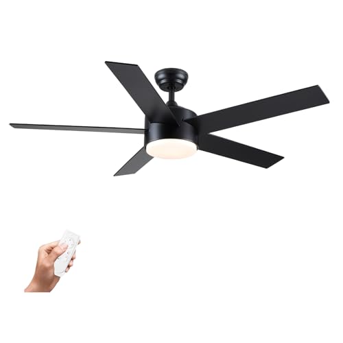 POCHFAN 52 inch Black Ceiling Fans with Lights and Remote Control, Dimmable 3-Color Temperatures LED Ceiling Fan, Wooden Quiet Reversible Modern Ceiling Fan for Bedroom, Living Room, Dining Room