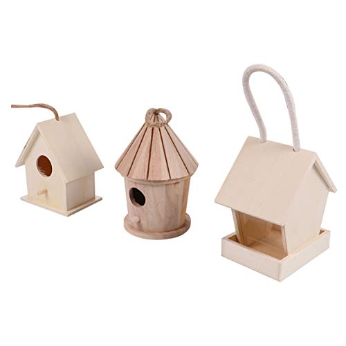 MILISTEN 3Pcs Unfinished Wooden Bird Houses to Paint Unpainted Wooden Birdhouse with Cord, Mini Bird Feeder Houses to Decorate for DIY Crafts, Indoor