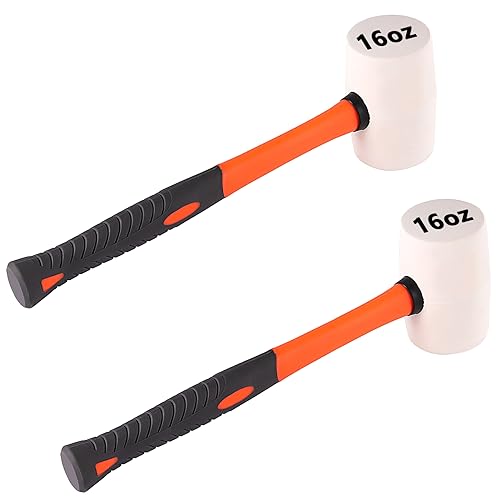 ZOENHOU 2 PCS 16 Oz White Rubber Mallet Hammer, Solid Rubber Mallet Head with Absorbing Fiberglass Handle, Rubber Hammer for Flooring, Woodworking,