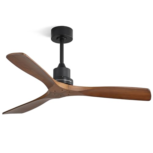 CACI Mall Wood Ceiling Fan no Light,Walnut,52″ Ceiling Fan Without Light,with Remote,Solid Wood 3 Blade Ceiling Fans,Bedroom, Living Room, Farmhouse, Porch