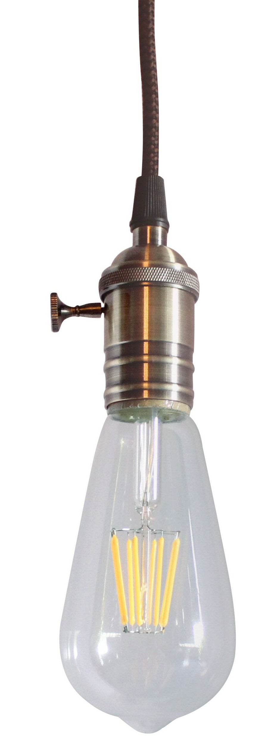 2″W Antique Brass Bare Bulb LED 1 Light Pendant with Retro Switch on Socket by Home Concept