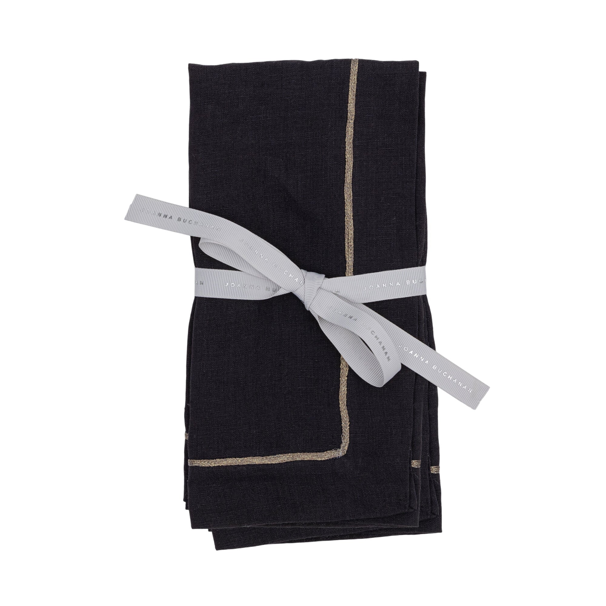 Pewter Trim Linen Dinner Napkins, Black, Set Of Two