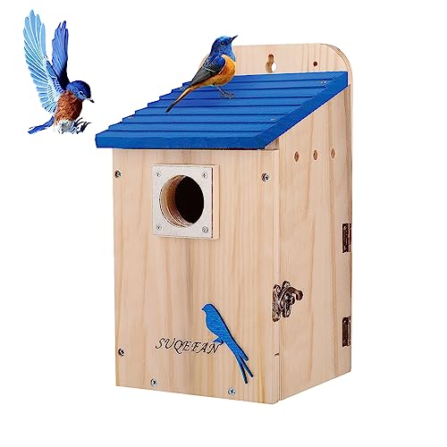 SUQEFAN 11″ H Hanging Wood Blue Bird House for Outside Clearance with Metal Guard，Birdhouses for Outdoor Finch Bluebird Cardinals，Gifts for Bird