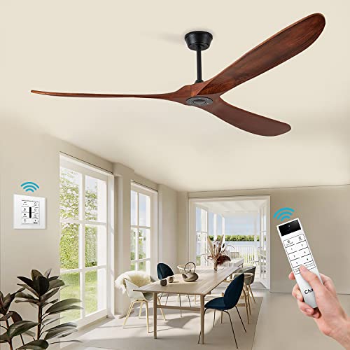 Chriari 60” Ceiling Fan With Remote and Wall Control, Walnut Ceiling Fan with 3 Wood Blades, 6 Speeds Smart Timing Reversible DC Motor, Modern Black Ceiling Fan for Indoor Outdoor Farmhouse/Patios