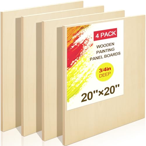 Tenceur 4 Pack 20″ x 20″ Birch Wood Panel Boards Kit Unfinished Wood Canvas Wooden Panel Boards for Painting 3/4″ Deep Depth Wooden Canvases for