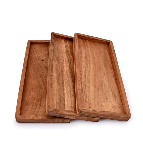 NIRMAN Acacia Wood Rectangular Wooden Platters for Home Decor, Food, Vegetables, Fruit, Charcuterie, Appetizer Serving Tray (13″ x 5.5″ x 0.75″) (Set of 3)