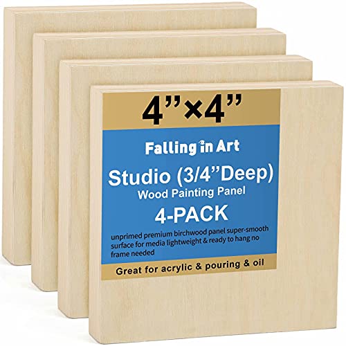 Falling in Art Unfinished Birch Wood Panels Kit for Painting, Wooden Canvas 4 Pack of 4×4’’ Studio 3/4’’ Deep, Cradle Boards for Pouring, Art,