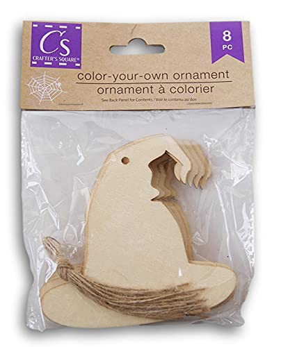 Spooky Town Wood Cutout Color-Your-Own-Ornament Halloween Craft – 3.5 Inches Tall – 8 Pieces with Twine Hangers (Witch’s Hat)