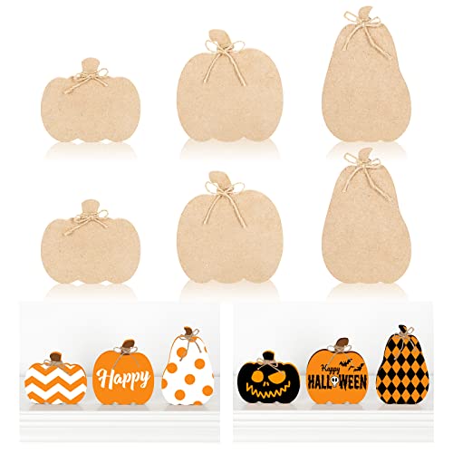 Whaline 6Pcs Fall Pumpkin Wooden Cutouts with Ropes 3 Design Unfinished Pumpkin Shaped Table Wooden Signs for Fall Thanksgiving Halloween Tiered Tray