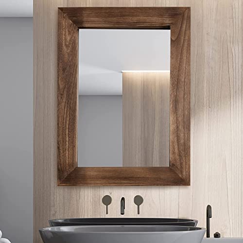 MAXYOYO Rustic Wood Wall Mirror for Bathroom, 24″ x 32″ Wood Framed Mirror Farmhouse Style Bathroom Vanity Mirror, Vertical or Horizontal Hanging, Brown