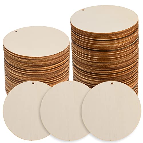 150 Pcs 4 Inch Unfinished Rounds Wood Circles with Holes Wooden Tags Round Wood Discs Cutouts for Crafts Natural Blank Wood Circle Ornaments Hanging