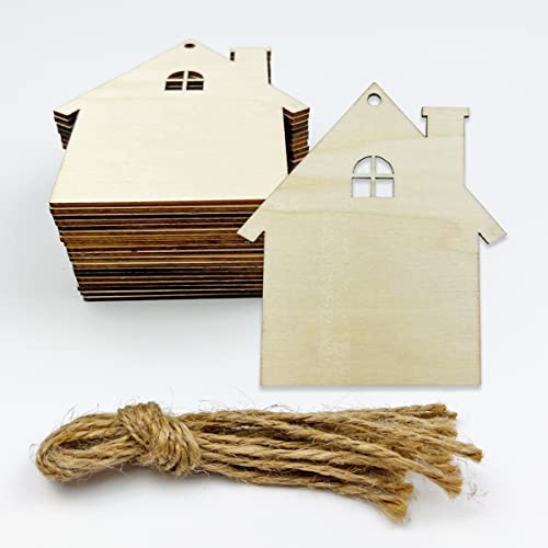 20pcs Unfinished House Wood Cut Out House Wood DIY Crafts Cutouts Blank Wooden House Shaped Hanging Ornaments