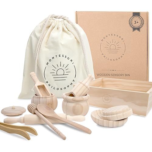 Montessori Philosophy Sensory Bin, Tools, Montessori Toys for 3+ Year Old, Wooden Scoops and Roller for Transfer Work and fine Motor Learning,