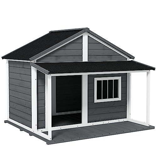 PawHut Outdoor Dog House Cabin Style, Wooden Raised Pet Kennel with Asphalt Roof, Front Door, Side Window, Porch for Medium/Large Dogs, Loading 53 Lbs., Grey