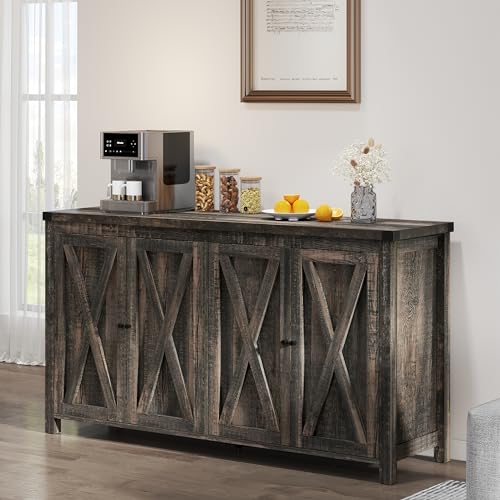 YITAHOME Farmhouse Sideboard Buffet Cabinet with Storage with 4 Doors, 55” Large Kitchen Storage Cabinet, Wood Coffee Bar Cabinet with Adjustable Shelf for Kitchen, Living Room, Dark Oak