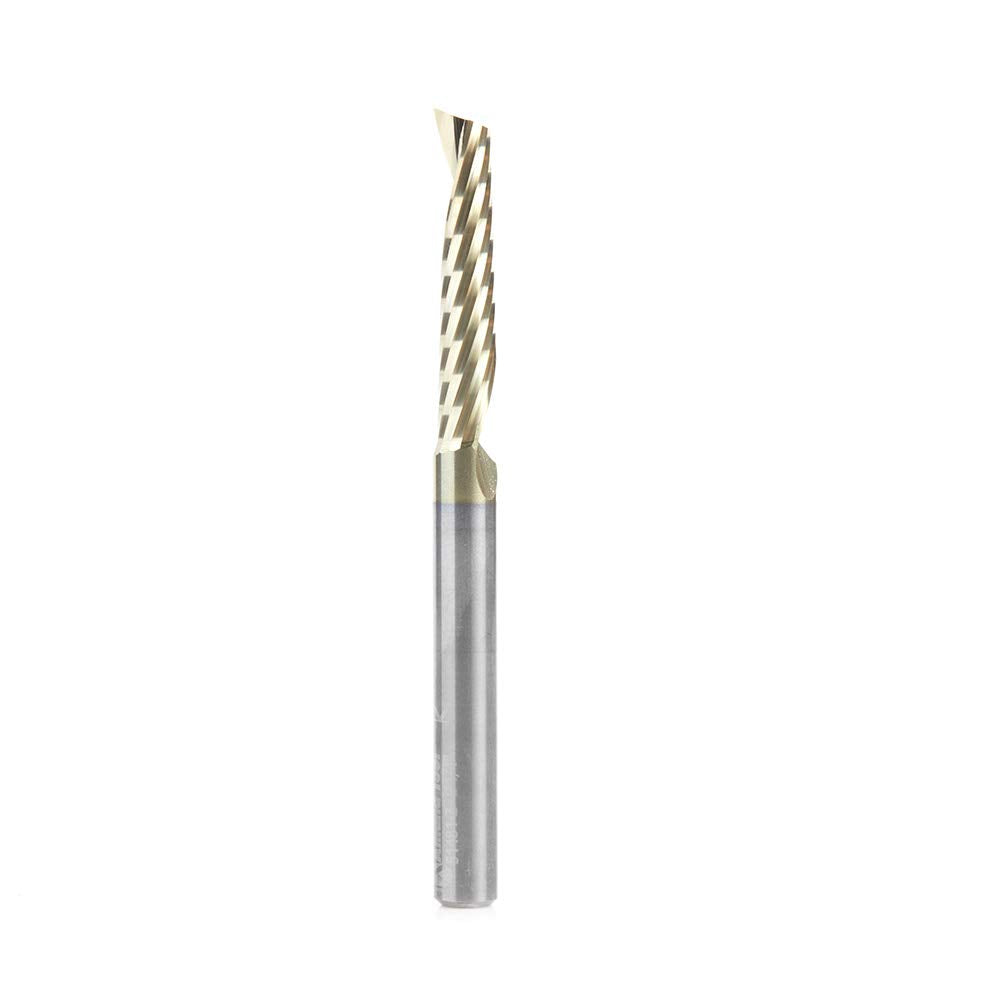 Amana Tool 51481-Z CNC SC Spiral O Single Flute Aluminum Cutting 1/4 D x 1-1/4 CH x 1/4 SHK x 3 Inch Long Up-Cut ZrN Coated Router Bit withMirror