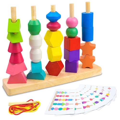 iselyn Montessori Toys for 2 3 4 5 Year Old Toddler Boy Girl, Wooden Bead Sequencing Toy Set-Stacking Block & Lacing Bead & Matching Shape Color