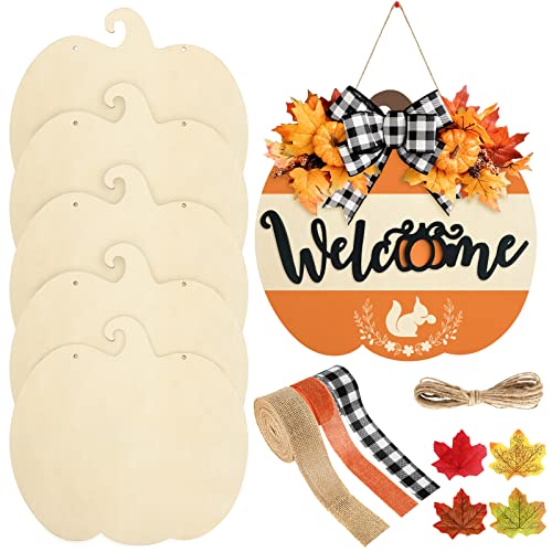 Whaline 5 Pieces 11.6 Inch Thanksgiving Unfinished Wood Pumpkin Cutout with 80Pcs Fake Maple Leaves Ribbons Hemp Rope Fall Pumpkin Wooden Slices for