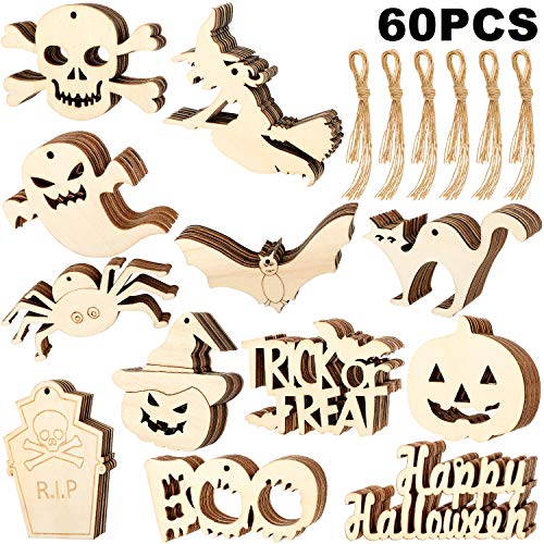 60 Pieces Halloween Wood Slices Cutouts Pumpkin Wooden Hanging Ornaments Happy Halloween Ghost Witches Gift Tags with Twine Ropes Kids DIY Crafts for