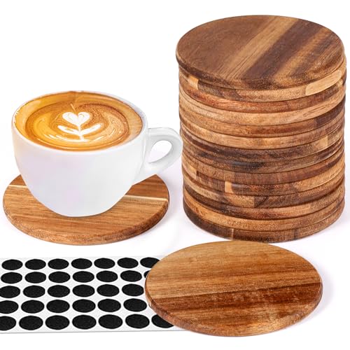 16 Pieces Unfinished Wood Coasters, 4 Inch Round Acacia Wooden Coasters for Crafts with Non-Slip Silicon Dots for DIY Stained Painting Wood Engraving