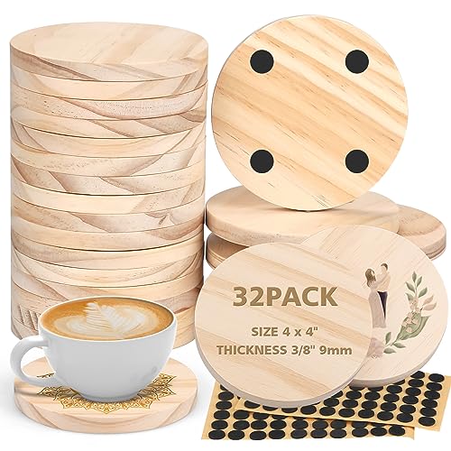 32Pcs Unfinished Wood Coasters, 4″ Round Wooden Coasters with Non-Slip Dot Sticker for Drinks, 9mm Thick Blank Wood Coasters Bulk for DIY Crafts