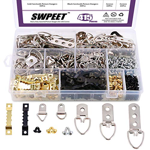 Swpeet 415Pcs Picture Hangers Kit with Screws, Heavy Duty Assorted Picture Hangers Assortment Kit for Picture Hanging Solutions with Transparent Box