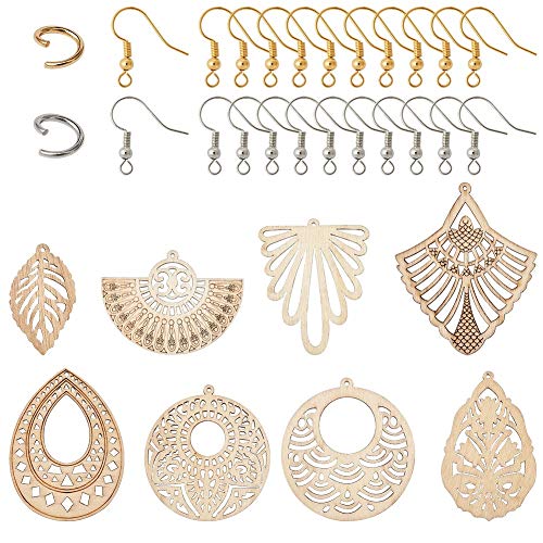 Wooden Dangle Earring Making Kit with 48Pcs Burlywood Filigree Pendants 48Pcs Jump Rings & 48Pcs Earring Hooks for DIY Craft