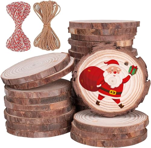 Wood Ornaments, Mathtoxyz Wood Slices 2.4-2.8 Inches 30 Pcs Rustic Unfinished Wood Log Discs Predrilled Wooden Circles for DIY Arts Crafts Halloween